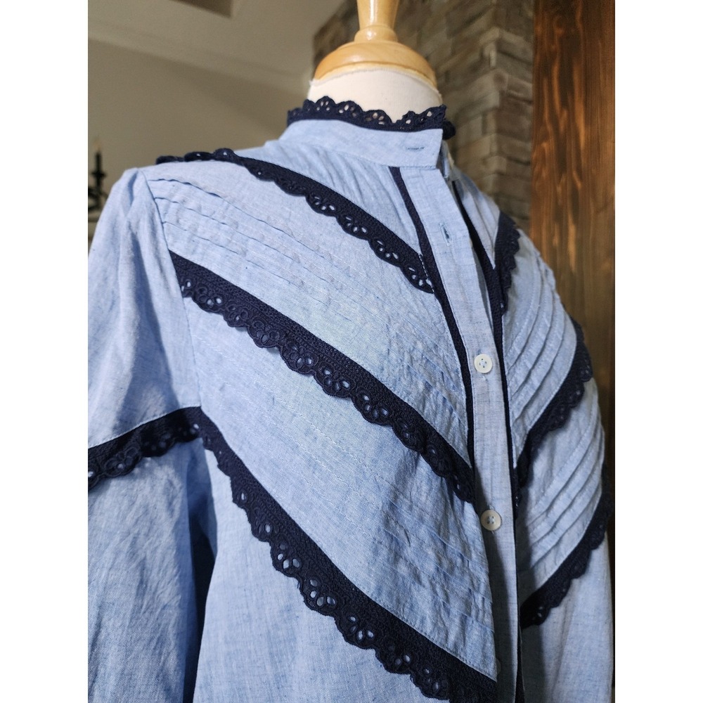 Tuckernuck Jolene Shirt Dress Blue Cotton Linen Lace Trim Pintuck Midi Dress XL - Picture 5 of 9